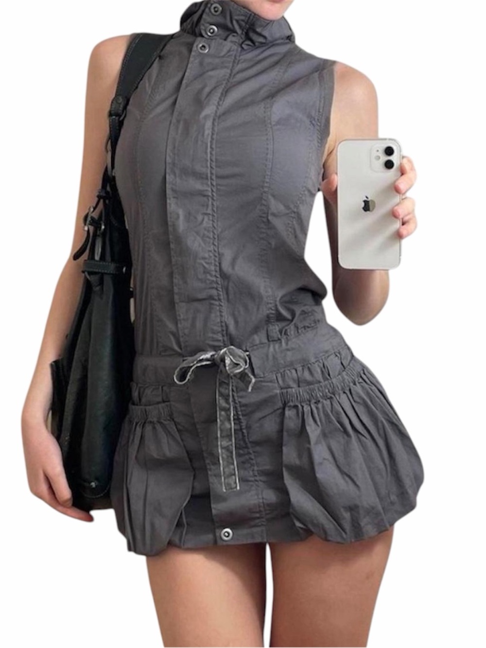 Lola Espeleta Grey Utility Cargo Mini Dress Drawstring Balloon Hem Size
